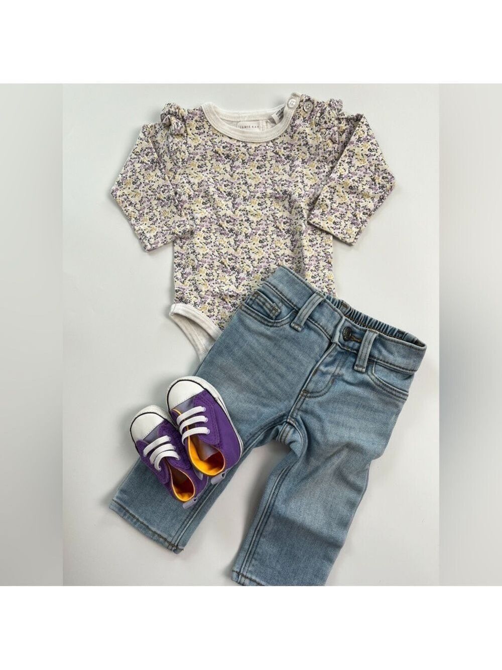 Jamie Kay Floral‎ Bodysuit and Old Navy Denim Set with Converse Purple Shoes